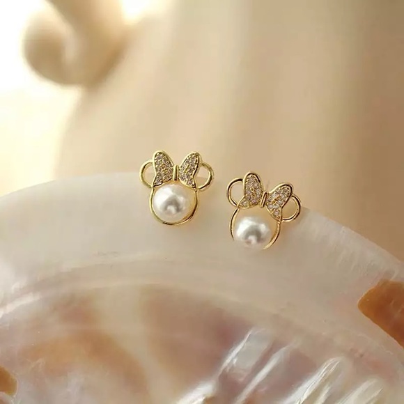 "Love You For Ears & Ears" Minnie Mouse Disney Gold Diamond Pearl Cute Earrings - Picture 2 of 8